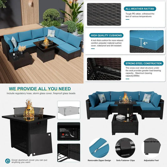 8-Piece Outdoor Wicker Sectional Sofa Set with Fire Pit Table and Comfortable Cushions
