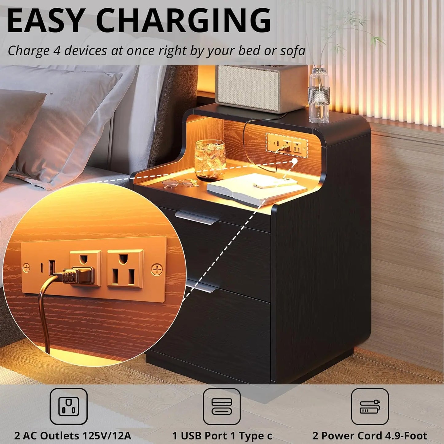 Nightstand with Charging Station and LED Lights,  Pull-Out Shelf