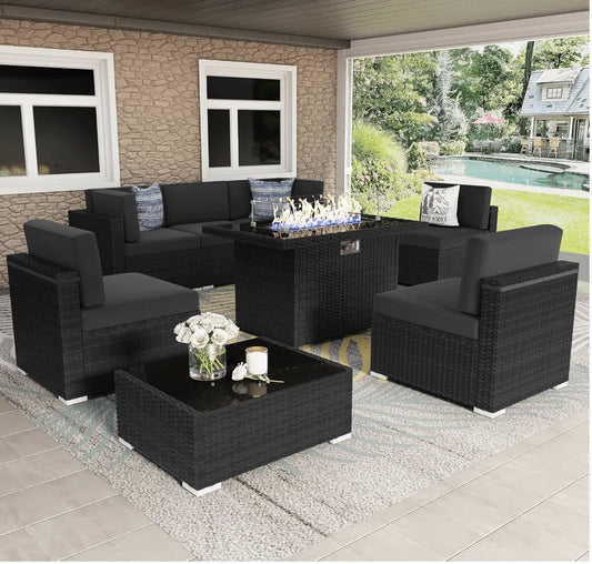 8 Pieces Patio Furniture Set Gas Fire Pit ,