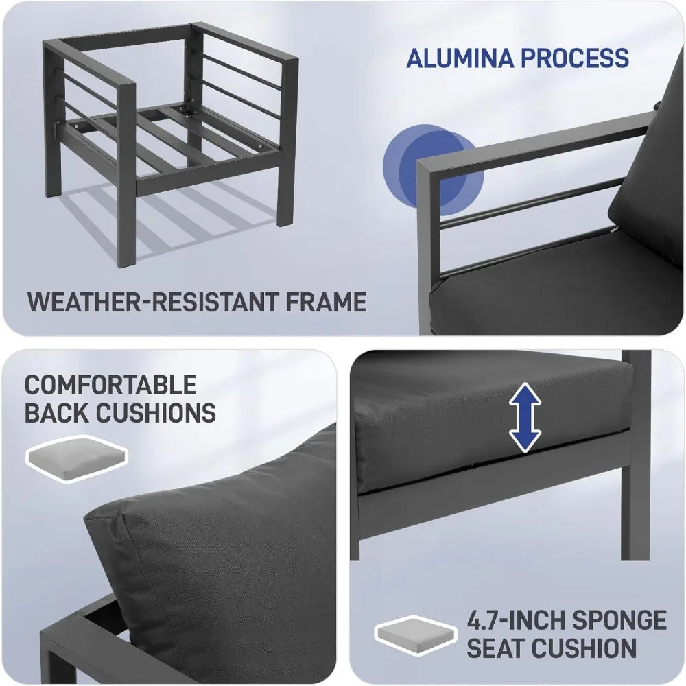4-Seat Aluminum Outdoor Sectional Furniture Set with Thick Washable Cushions and Coffee Table for Patio Conversation Areas