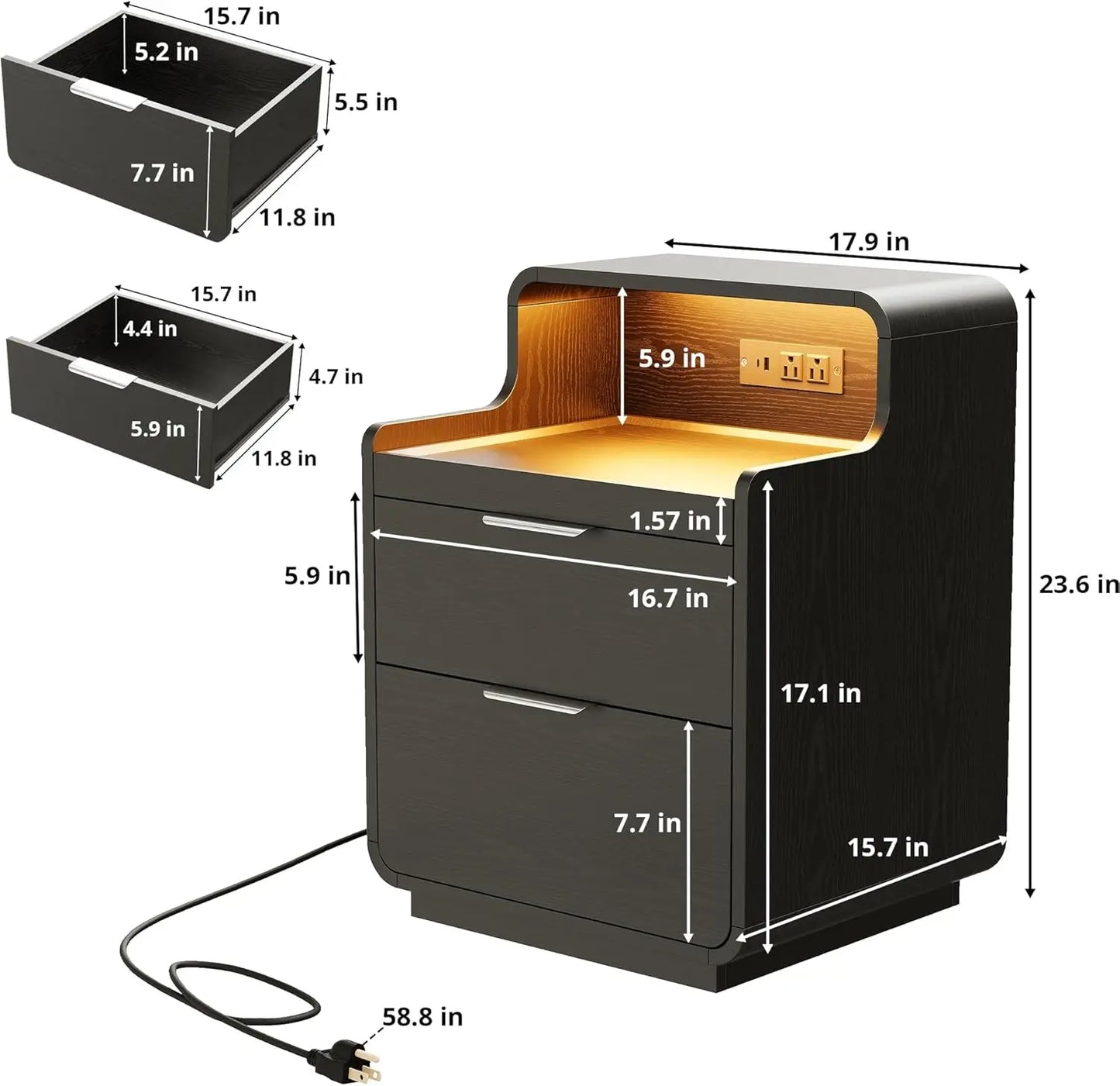 Nightstand with Charging Station and LED Lights,  Pull-Out Shelf