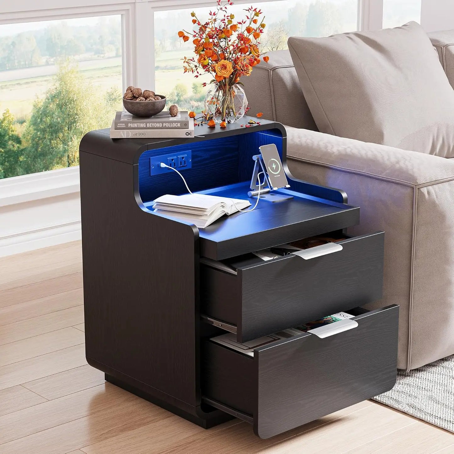 Nightstand with Charging Station and LED Lights,  Pull-Out Shelf