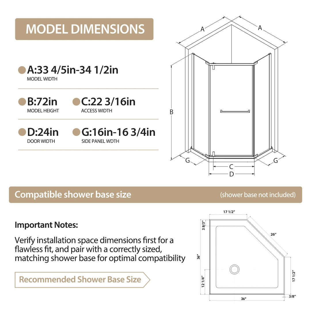 36"D x 36"W x 72"H Neo-Angle Shower Door, 1/4"