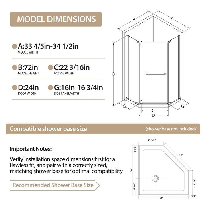 36"D x 36"W x 72"H Neo-Angle Shower Door, 1/4"