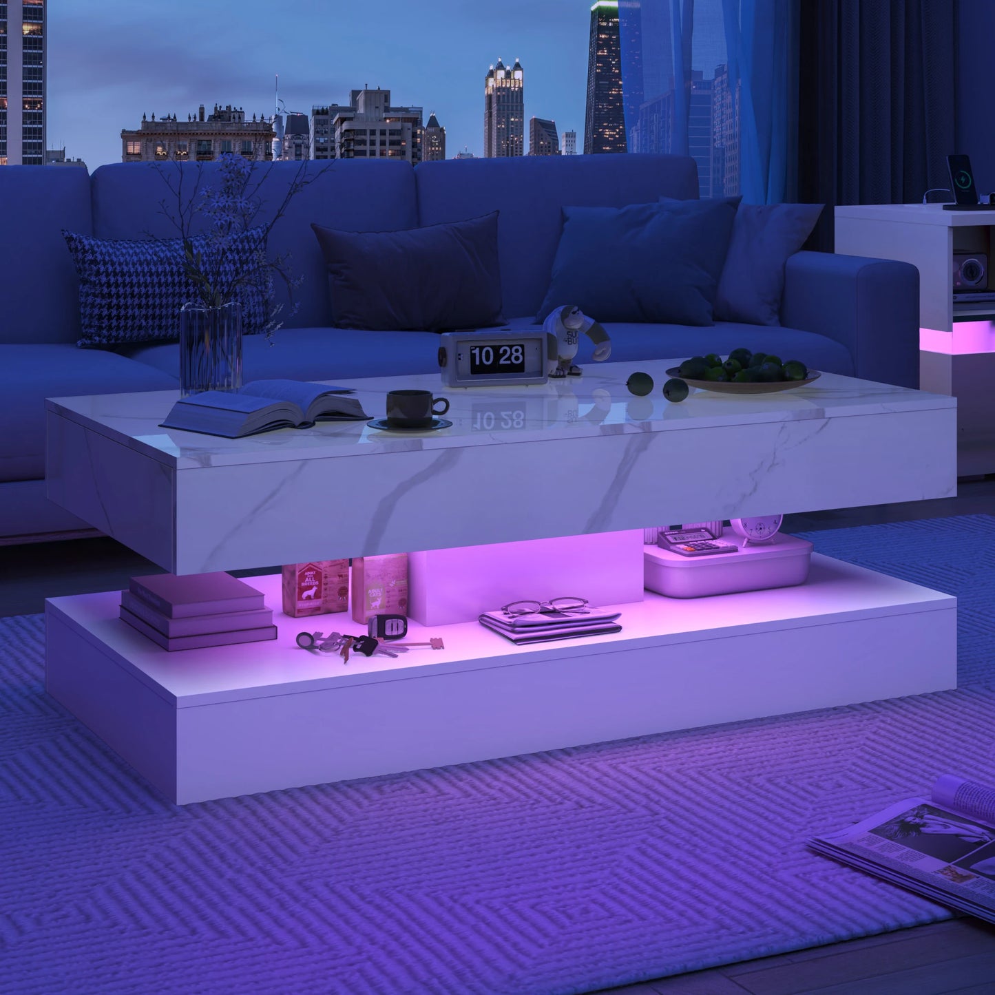 Coffee Table  LED lights, Double-Layer with 2 Storage Drawers
