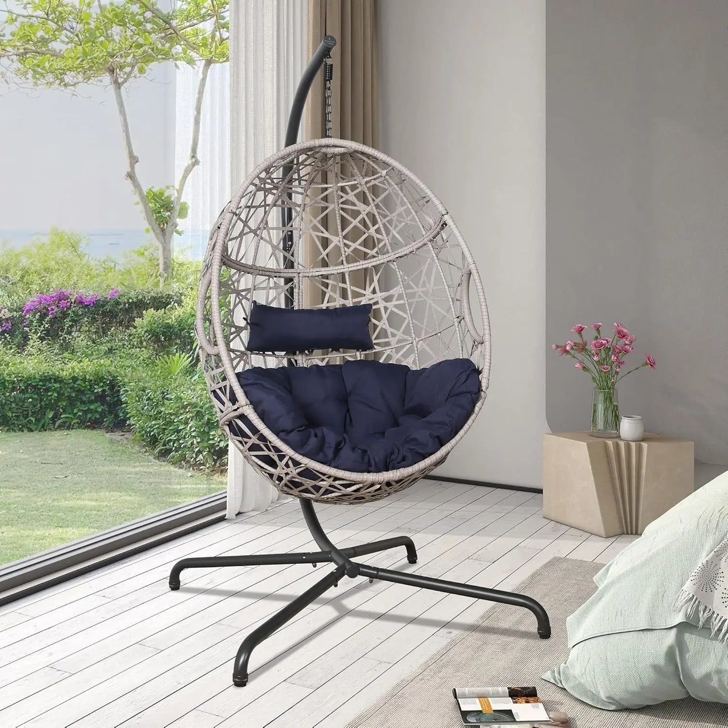 Hanging Chair, Rattan with Stand and Cushion for Bedroom