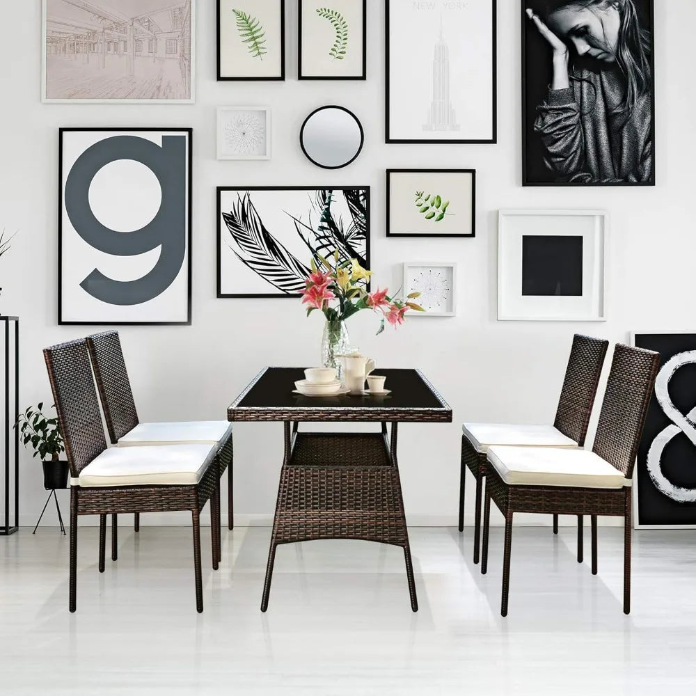 5 Piece Patio Wicker Dining Set, Tempered Glass & Padded Cushions