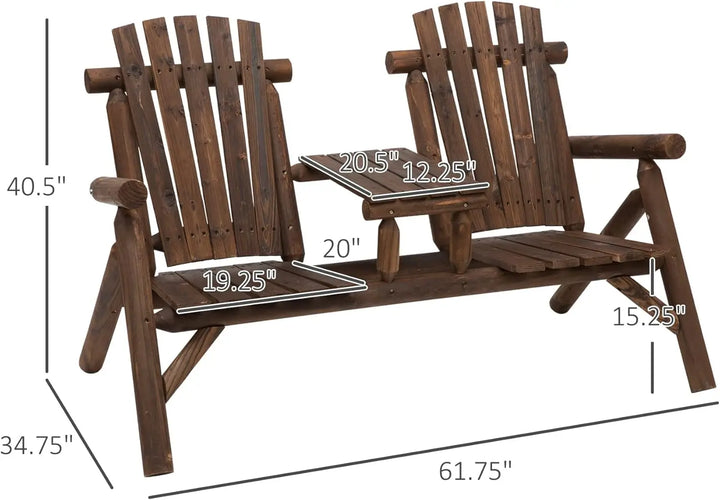 Wooden Adirondack Loveseat Chair withTable for Porch, Backyard
