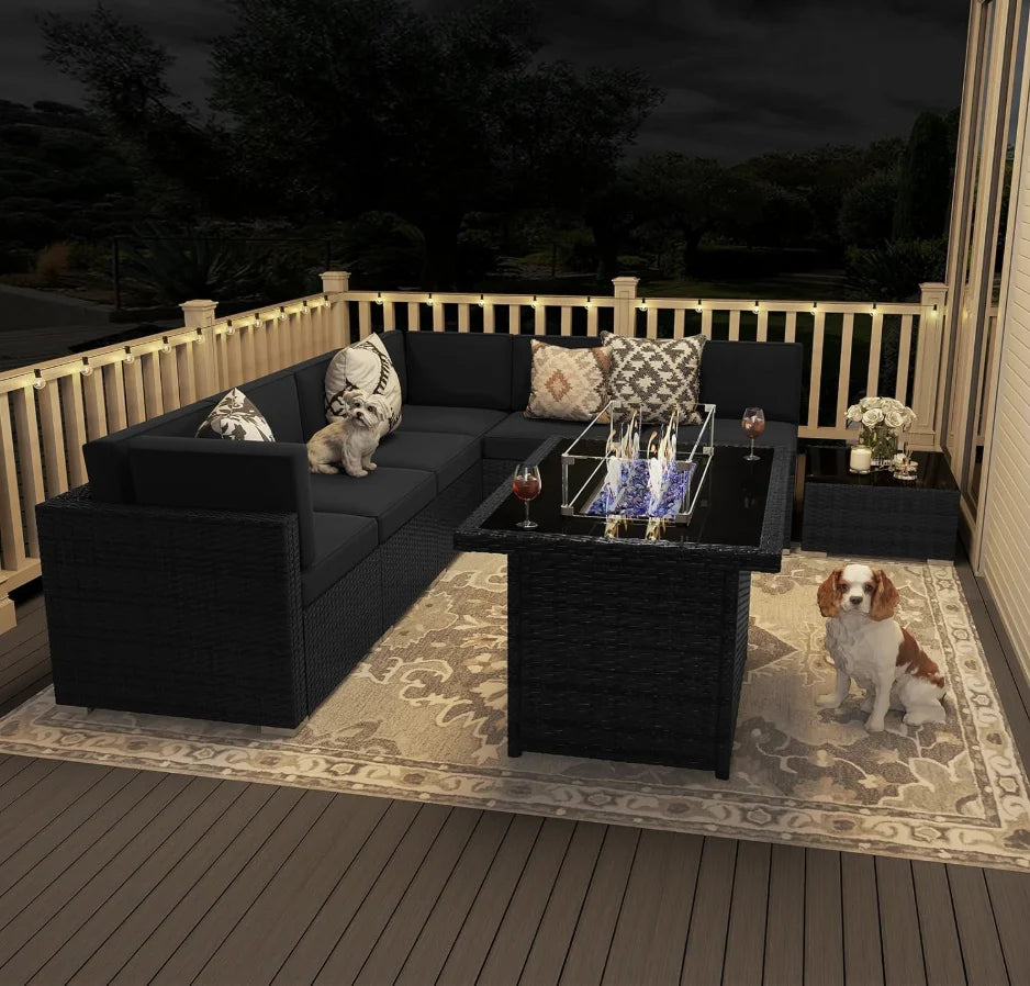 8 Pieces Patio Furniture Set Gas Fire Pit ,