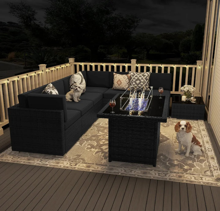 8 Pieces Patio Furniture Set Gas Fire Pit ,