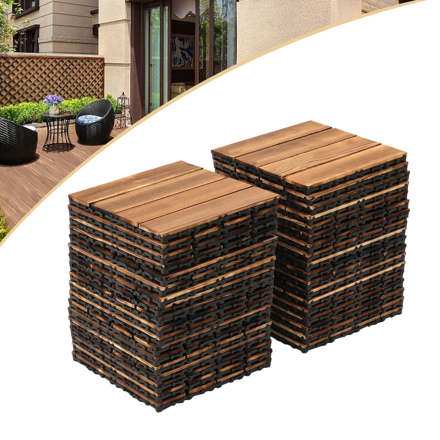 36ft²/ 3.24㎡ Outdoor Hardwood Flooring Tiles Interlock Edge Waterproof for Patio, Each Tile 12"/30cm*30cm, 36 Pack - Brown