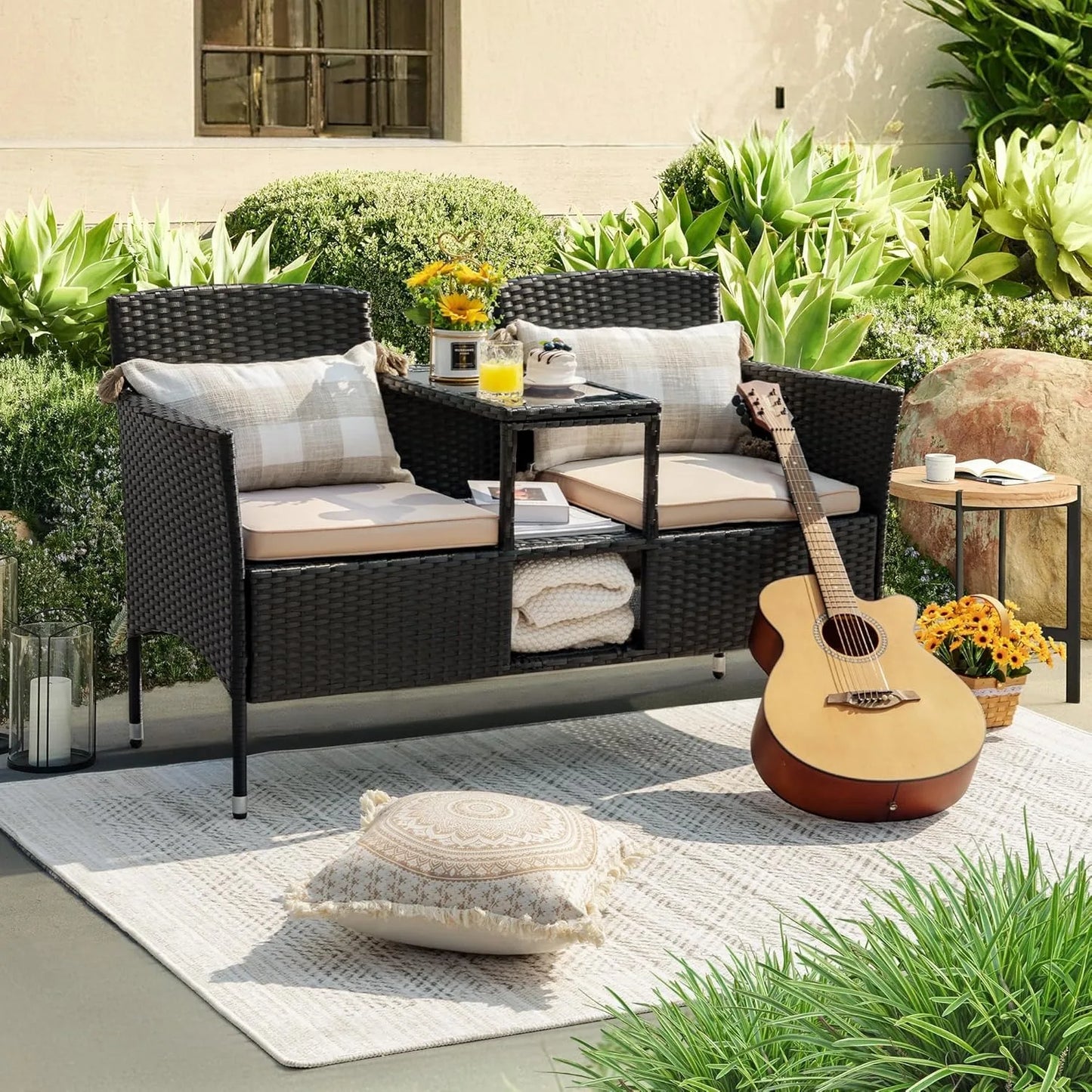 Patio Loveseat Set with Cushions & Built-in  Table