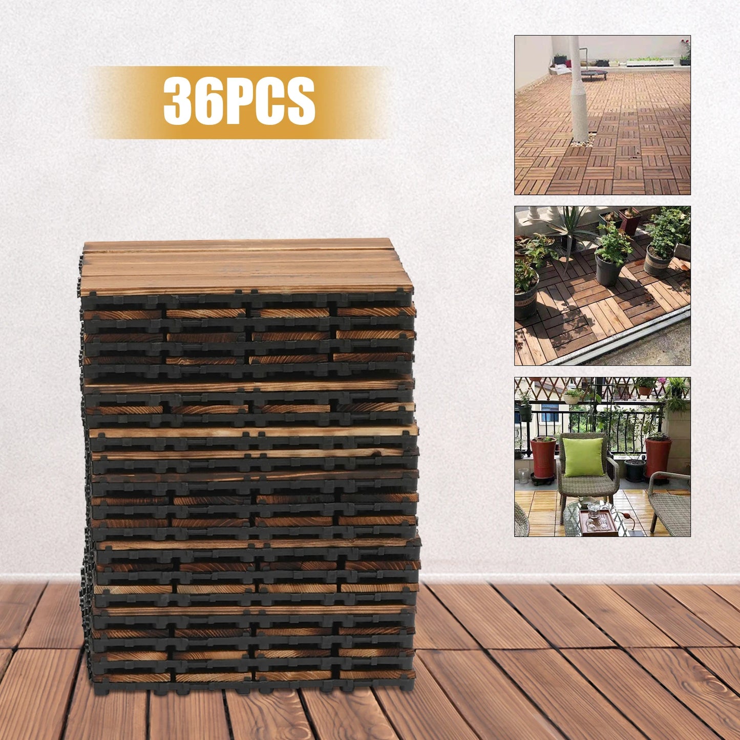 36ft²/ 3.24㎡ Outdoor Hardwood Flooring Tiles Interlock Edge Waterproof for Patio, Each Tile 12"/30cm*30cm, 36 Pack - Brown