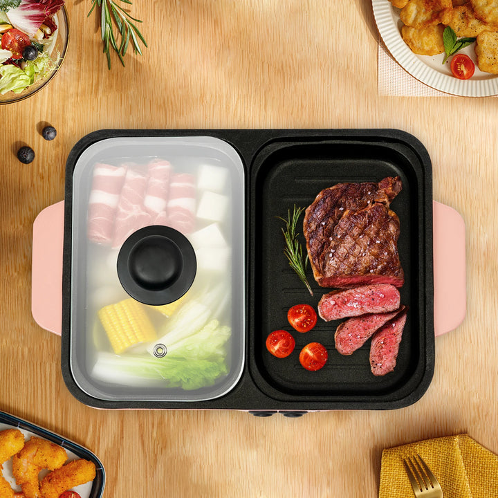 2-in-1 Electric Hot Pot Grill 1200W Dual Temp Non-Stick Electric Hot Pot for Boiling & Frying, Family-size( for 1-4 Person)