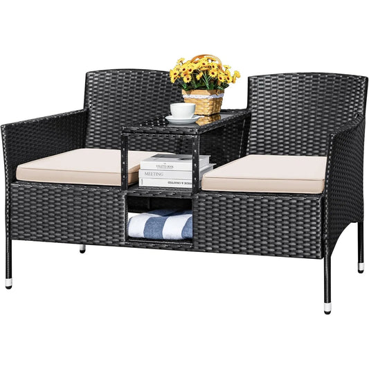Patio Loveseat Set with Cushions & Built-in  Table