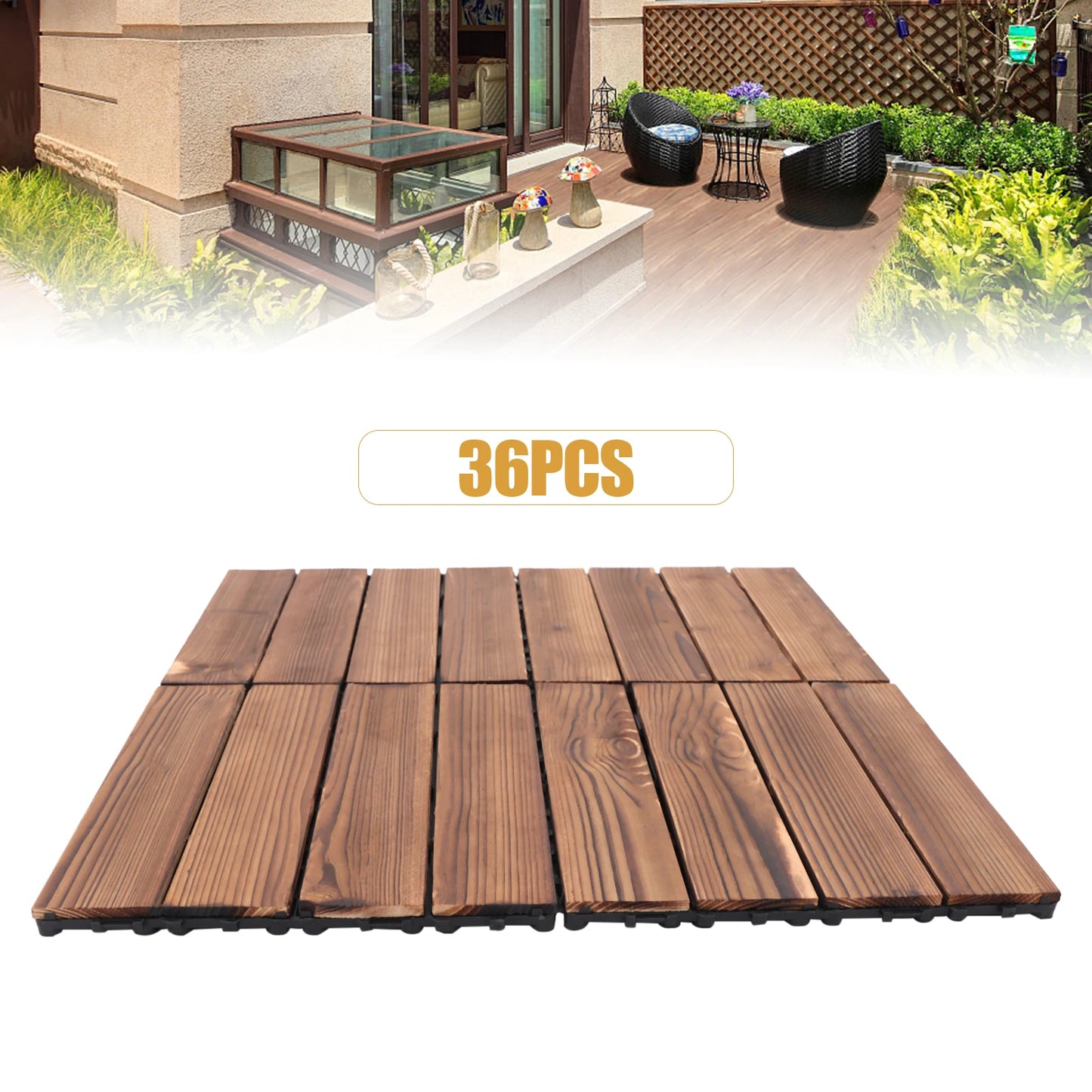 36ft²/ 3.24㎡ Outdoor Hardwood Flooring Tiles Interlock Edge Waterproof for Patio, Each Tile 12"/30cm*30cm, 36 Pack - Brown