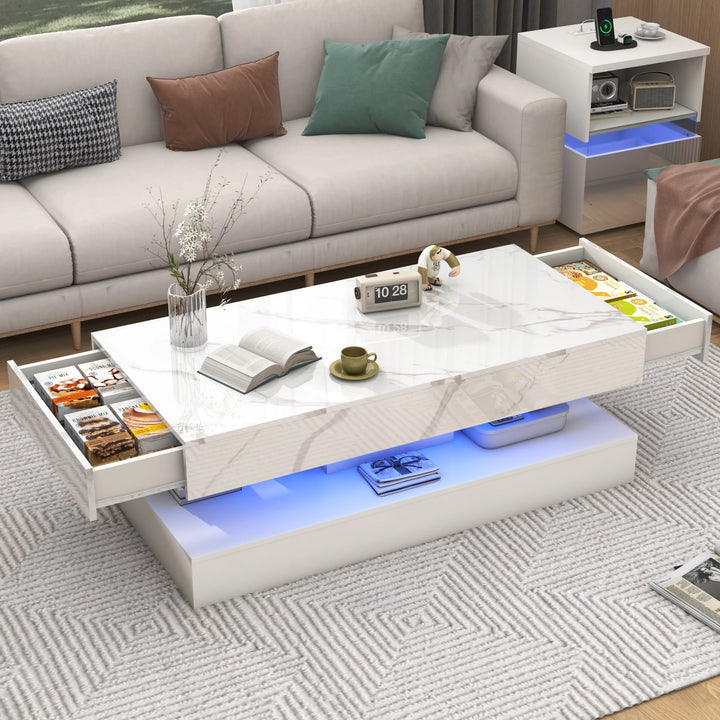 Coffee Table  LED lights, Double-Layer with 2 Storage Drawers