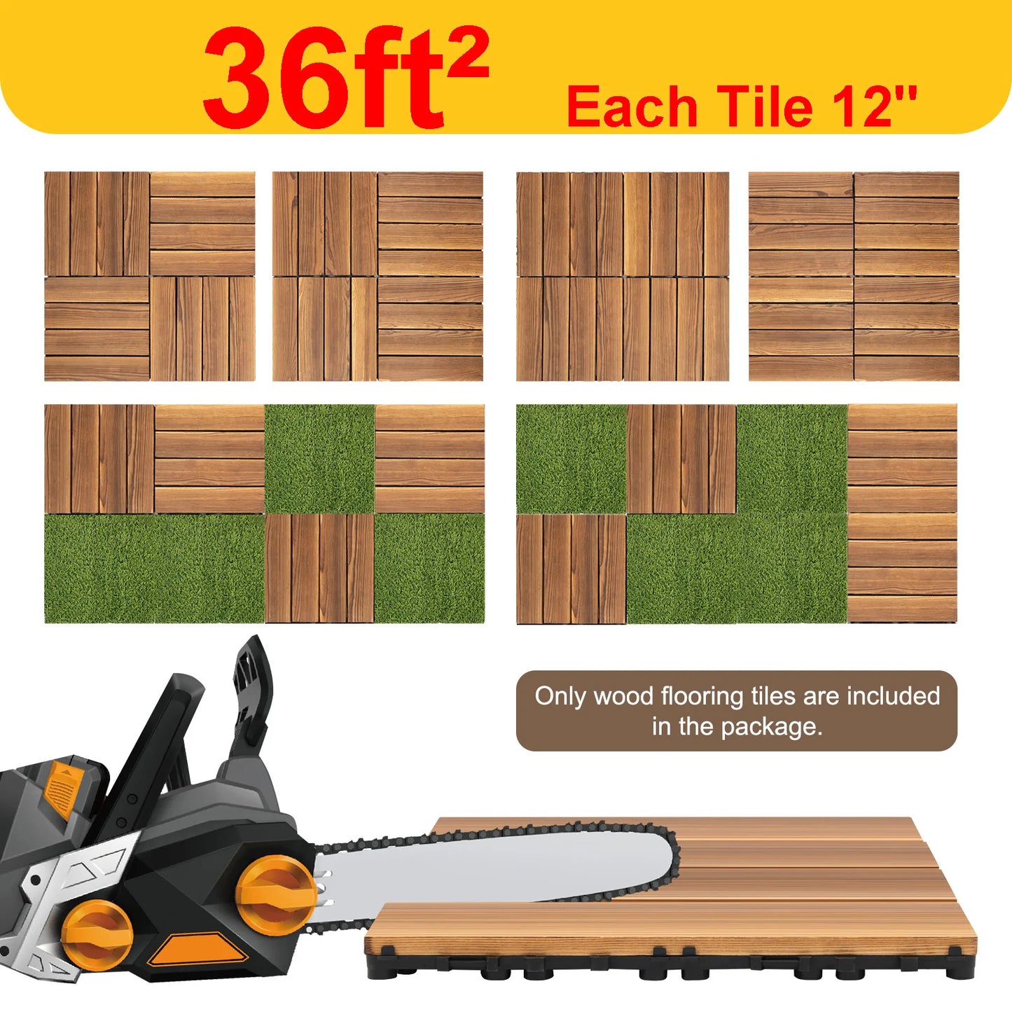 36ft²/ 3.24㎡ Outdoor Hardwood Flooring Tiles Interlock Edge Waterproof for Patio, Each Tile 12"/30cm*30cm, 36 Pack - Brown