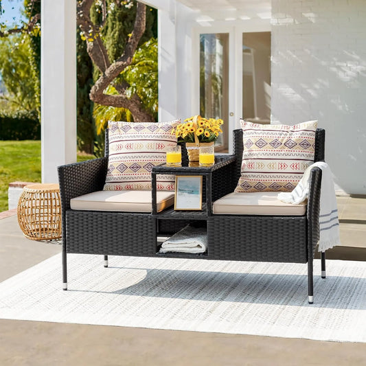 Patio Loveseat Set with Cushions & Built-in  Table
