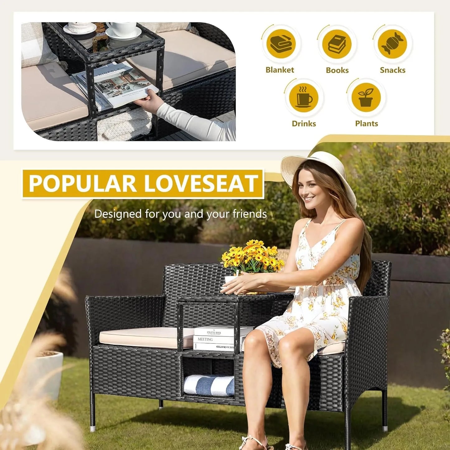 Patio Loveseat Set with Cushions & Built-in  Table